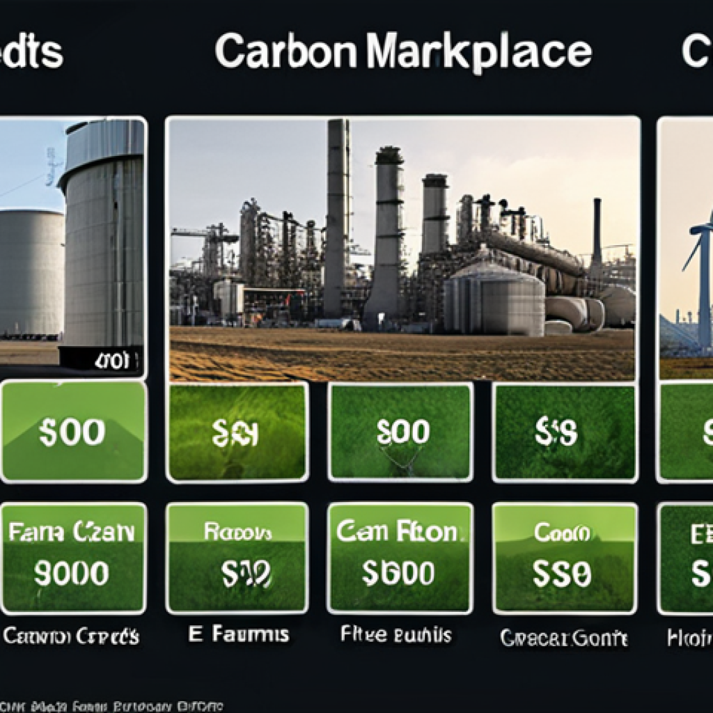 **Image:** A bustling carbon credit marketplace. Include digital displays showing carbon credit prices fluctuating, alongside imagery representing both companies reducing emissions (e.g., renewable energy farms) and companies purchasing credits (e.g., factories with carbon capture technology). The overall feel should be modern and economically driven.