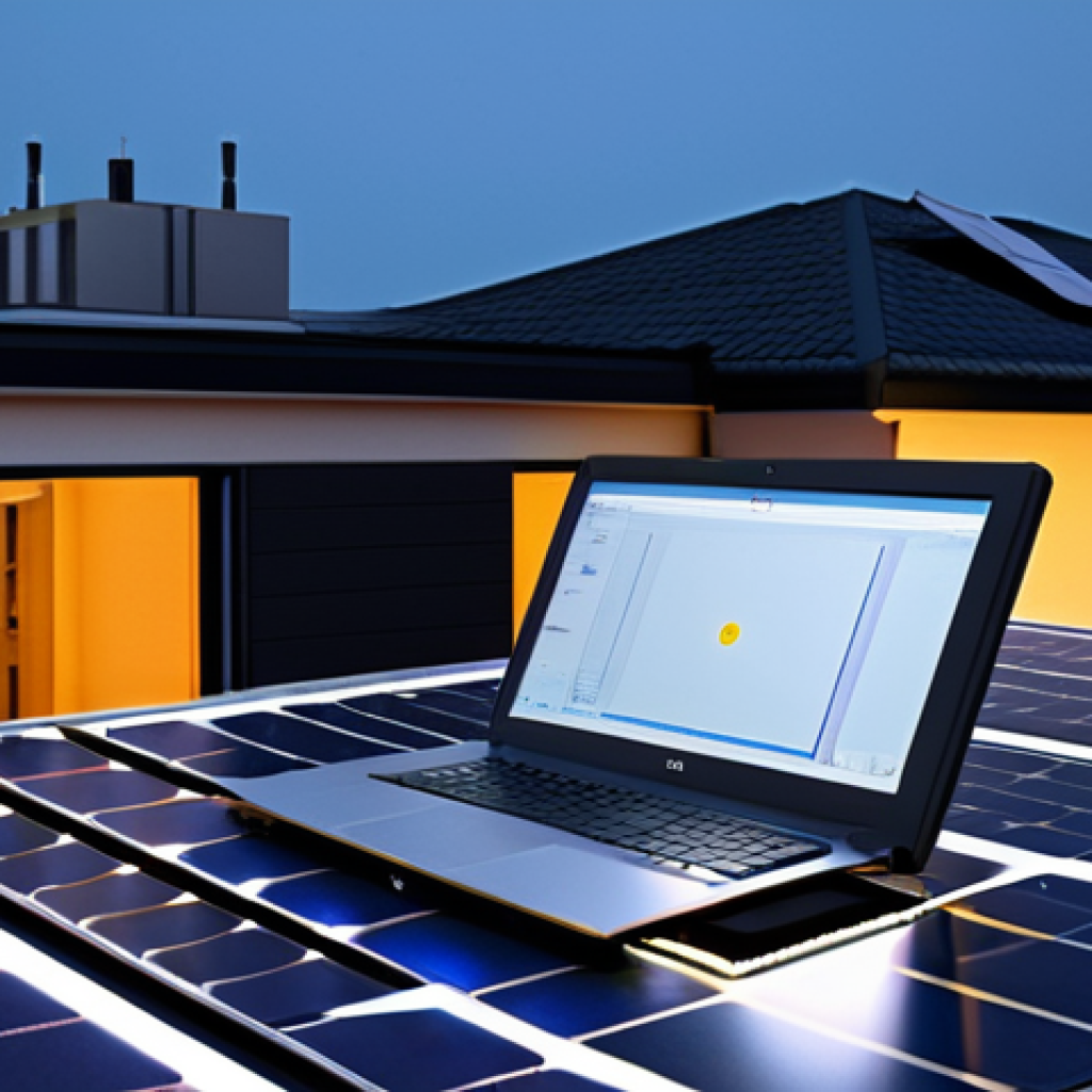 ** Solar panel on a rooftop powering a laptop and LED lights. A modest home setting. Safe for work, appropriate content, fully clothed, professional photography, high quality, perfect anatomy, natural proportions.

**
