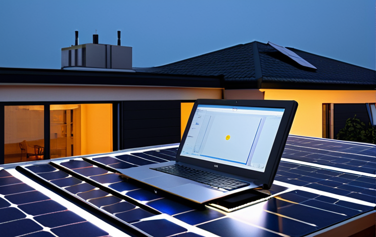 ** Solar panel on a rooftop powering a laptop and LED lights. A modest home setting. Safe for work, appropriate content, fully clothed, professional photography, high quality, perfect anatomy, natural proportions.

**
