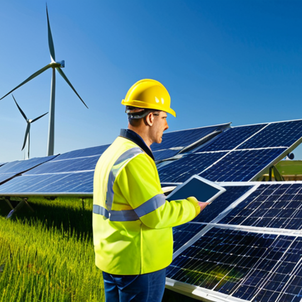 **

A professional engineer, fully clothed in appropriate attire, inspecting a solar panel array in a sunny rural field. Background includes wind turbines. Safe for work, perfect anatomy, natural proportions, professional.

**