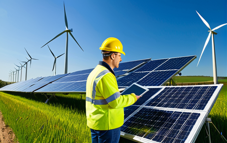 **

A professional engineer, fully clothed in appropriate attire, inspecting a solar panel array in a sunny rural field. Background includes wind turbines. Safe for work, perfect anatomy, natural proportions, professional.

**