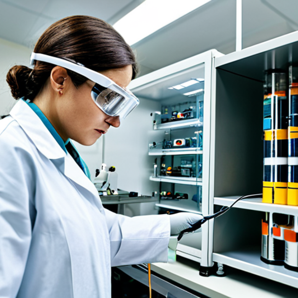 Battery Innovation**

A scientist in a clean, modern laboratory, wearing safety goggles and a lab coat, examining a solid-state battery prototype. Lab equipment and diagrams of battery components are visible in the background. Safe for work, appropriate content, fully clothed, professional, perfect anatomy, correct proportions, well-lit.

**