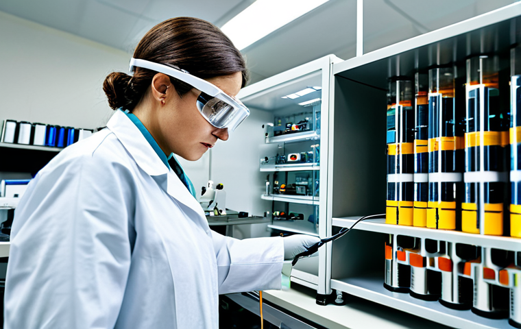 Battery Innovation**

A scientist in a clean, modern laboratory, wearing safety goggles and a lab coat, examining a solid-state battery prototype. Lab equipment and diagrams of battery components are visible in the background. Safe for work, appropriate content, fully clothed, professional, perfect anatomy, correct proportions, well-lit.

**