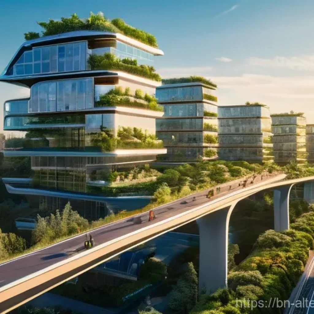 청정 에너지 시장 동향 - **A Vibrant Dawn of Clean Energy:** A panoramic, ultra-detailed shot of a harmonious, futuristic cit...