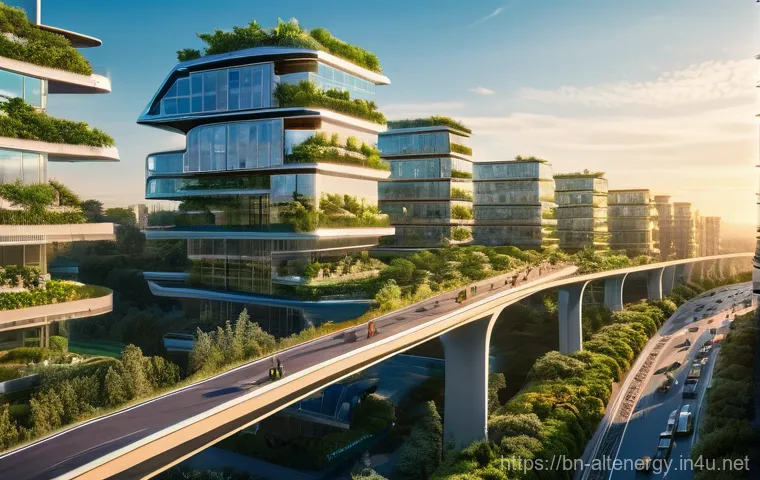 청정 에너지 시장 동향 - **A Vibrant Dawn of Clean Energy:** A panoramic, ultra-detailed shot of a harmonious, futuristic cit...