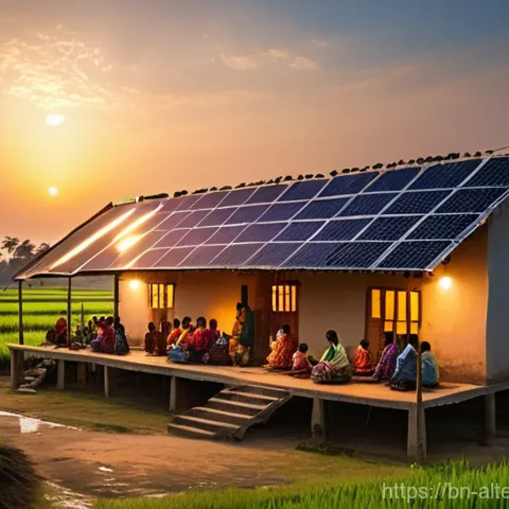 전국적인 대체에너지 시스템 구축 - **Prompt:** "A vibrant and serene rural Bangladeshi village at dusk, bathed in the soft glow of sola...