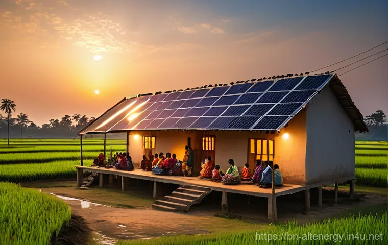 전국적인 대체에너지 시스템 구축 - **Prompt:** "A vibrant and serene rural Bangladeshi village at dusk, bathed in the soft glow of sola...