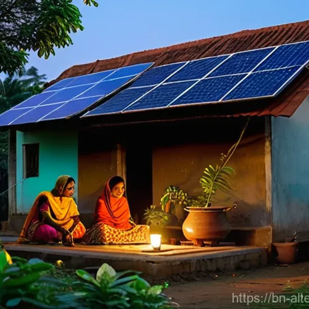 대체에너지 학술지 - **Prompt:** A serene, sun-drenched traditional Bengali village home at dusk. Solar panels are neatly...