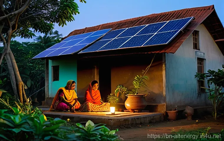 대체에너지 학술지 - **Prompt:** A serene, sun-drenched traditional Bengali village home at dusk. Solar panels are neatly...