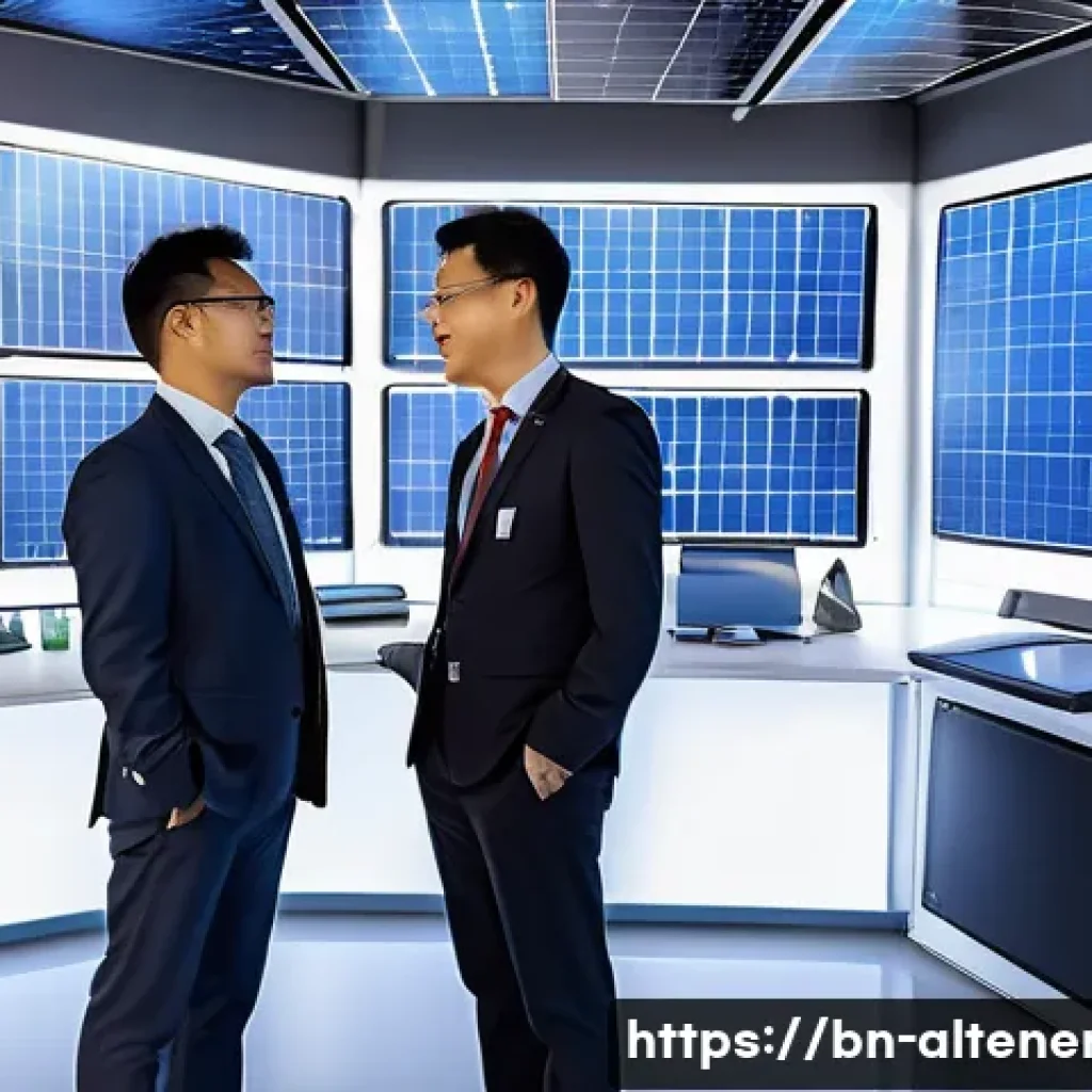 대체에너지 국제 협력 - A vibrant, detailed illustration of an international solar energy research collaboration: scientists...