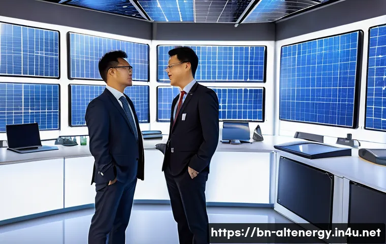 대체에너지 국제 협력 - A vibrant, detailed illustration of an international solar energy research collaboration: scientists...