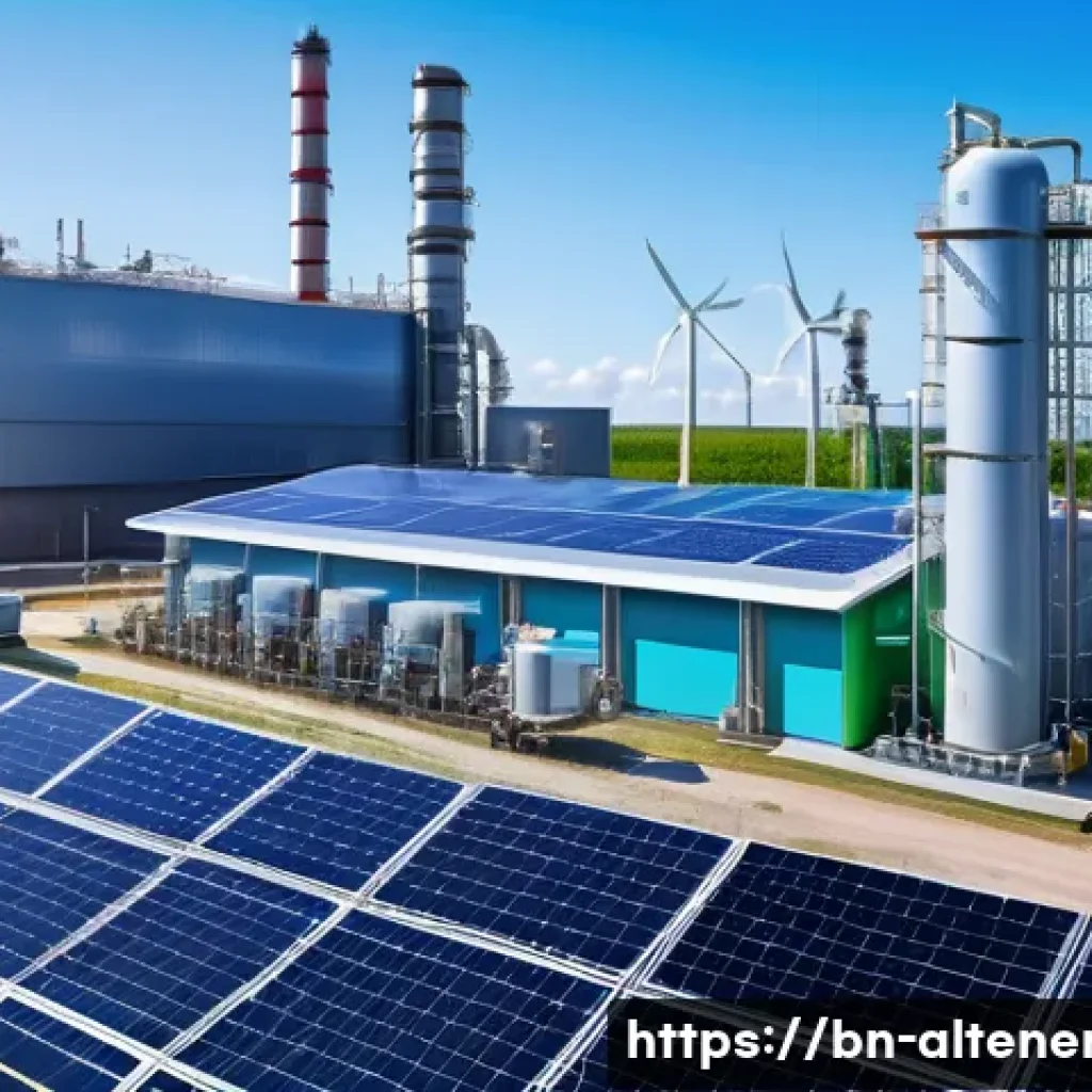 수소 에너지 비용 - A detailed industrial scene showing a modern hydrogen production plant using electrolysis technology...