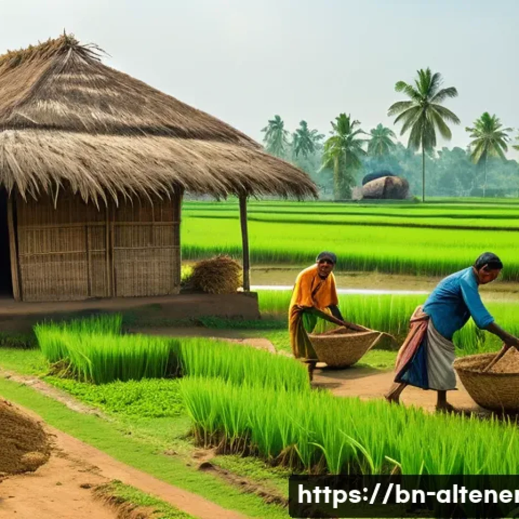 바이오매스 연료 - A vibrant rural Bengali village scene showcasing local farmers collecting diverse biomass waste like...