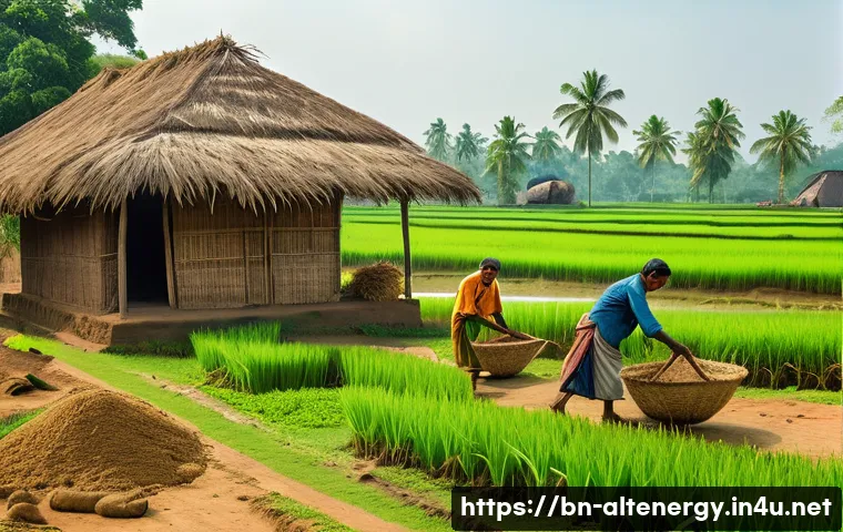 바이오매스 연료 - A vibrant rural Bengali village scene showcasing local farmers collecting diverse biomass waste like...