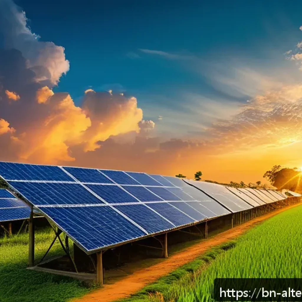 스마트 그리드와 대체에너지 - A vibrant rural Bangladeshi village scene at sunset, featuring small houses equipped with solar pane...