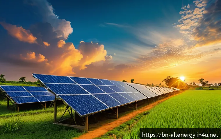 스마트 그리드와 대체에너지 - A vibrant rural Bangladeshi village scene at sunset, featuring small houses equipped with solar pane...