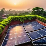 Home 22 대체에너지 연구 및 혁신 - A vibrant, detailed rooftop scene in a Bengali neighborhood at sunrise featuring flexible solar pane...