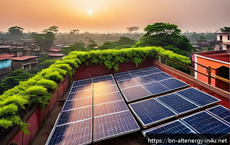 대체에너지 연구 및 혁신 - A vibrant, detailed rooftop scene in a Bengali neighborhood at sunrise featuring flexible solar pane...