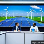 Home 21 대체에너지 관련 국제 규제 - A diverse group of international delegates in a modern conference hall engaged in a renewable energy...