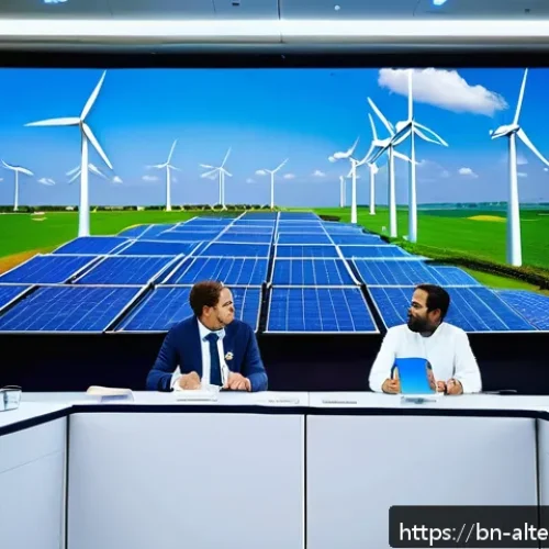 Home 33 대체에너지 관련 국제 규제 - A diverse group of international delegates in a modern conference hall engaged in a renewable energy...