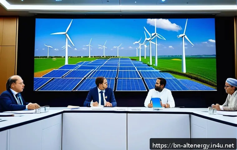 대체에너지 관련 국제 규제 - A diverse group of international delegates in a modern conference hall engaged in a renewable energy...