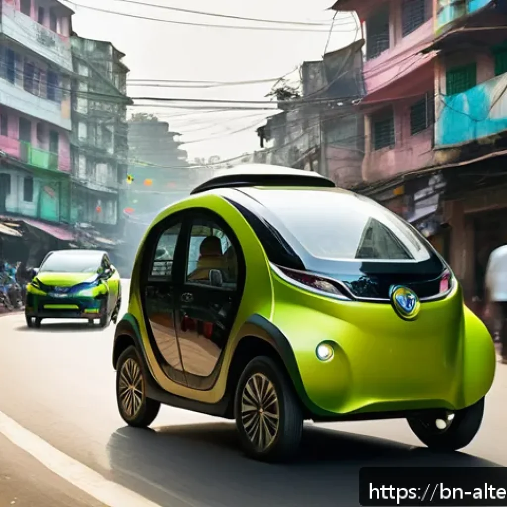 수소차의 미래 - A sleek, modern hydrogen car driving through a busy urban Bengali cityscape, with traditional Bengal...