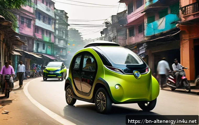 수소차의 미래 - A sleek, modern hydrogen car driving through a busy urban Bengali cityscape, with traditional Bengal...