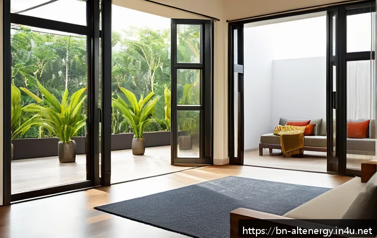 건축물 에너지 소비 절감 - A modern Bengali home interior showcasing large south and east-facing windows that allow abundant na...
