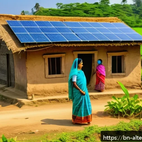 Home 30 대체에너지와 국제 시장 - A vibrant rural Bengali village scene showcasing solar panels installed on traditional thatched and ...