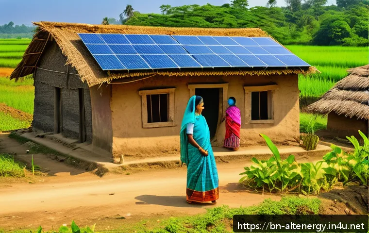대체에너지와 국제 시장 - A vibrant rural Bengali village scene showcasing solar panels installed on traditional thatched and ...