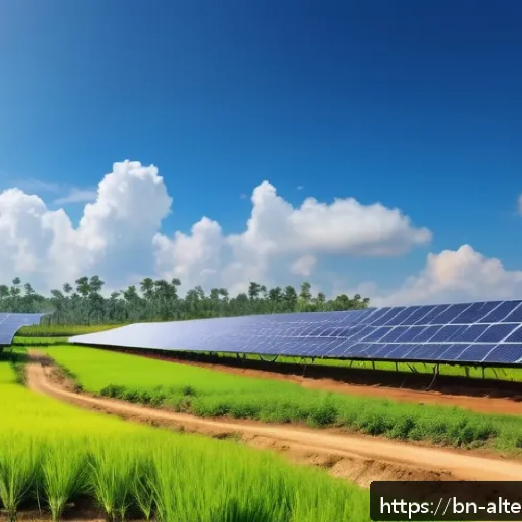 탈탄소화 전략과 대체에너지 - A large solar farm in a rural Bengali village during a bright sunny day, featuring rows of modern so...