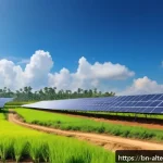 Home 23 탈탄소화 전략과 대체에너지 - A large solar farm in a rural Bengali village during a bright sunny day, featuring rows of modern so...