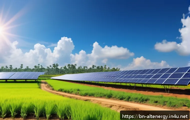 탈탄소화 전략과 대체에너지 - A large solar farm in a rural Bengali village during a bright sunny day, featuring rows of modern so...
