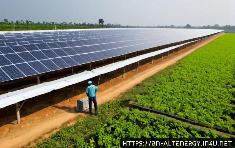 Home 17 대체에너지의 경제성 - Photorealistic wide-angle view of a modern solar farm beside a modest rural factory in Bangladesh, r...