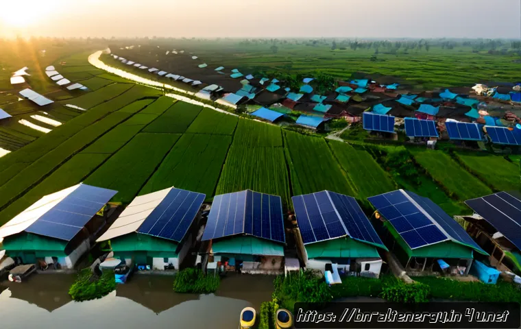Home 17 대체에너지의 시장 침투 - Photorealistic aerial view of a modern Bangladeshi riverside town at golden sunrise, rooftop solar p...