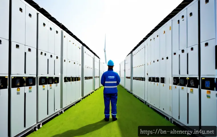 에너지 저장 배터리 기술 - Photorealistic clean energy storage facility, rows of sleek industrial battery cabinets beside solar...